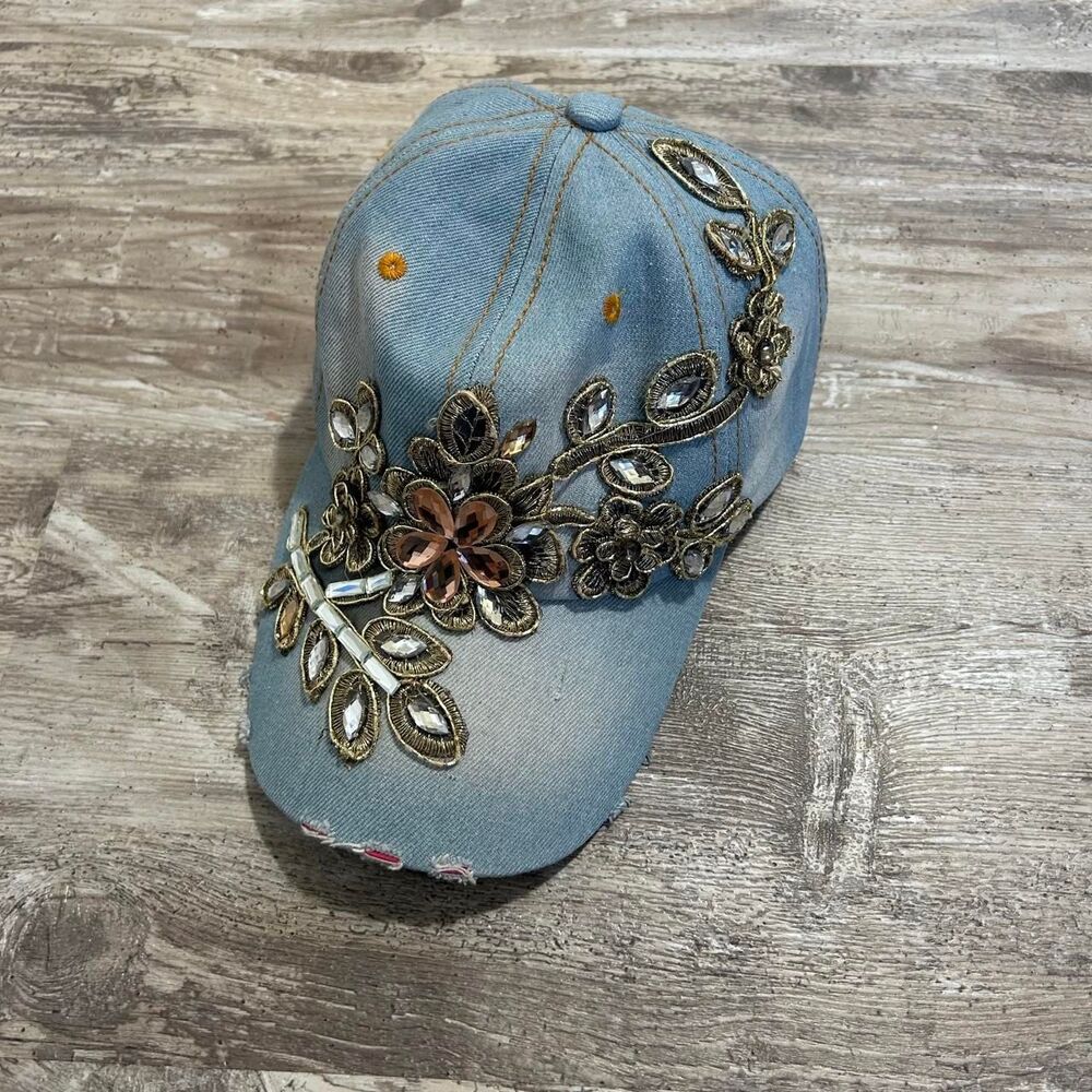 Blue denim baseball cap with floral embroidery and rhinestones
